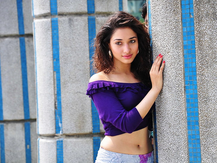 Tamanna, women's purple off-shoulder crop top, Bollywood Celebrities