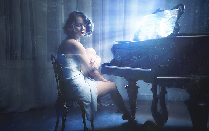 Piano girl, music, notes, glow, HD wallpaper