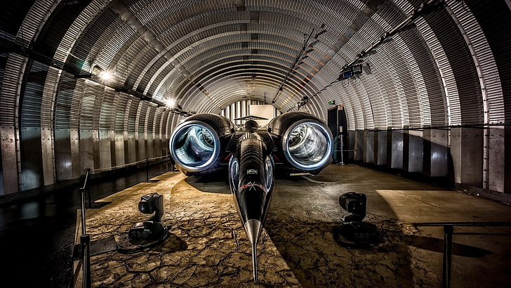 black vehicle in tunnel wallpaper, car, turbines, hangar, jet car, HD wallpaper