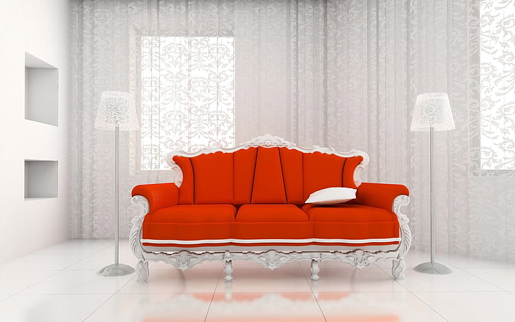 red and white 3-seat couch, sofa, style, room, light, interior, HD wallpaper