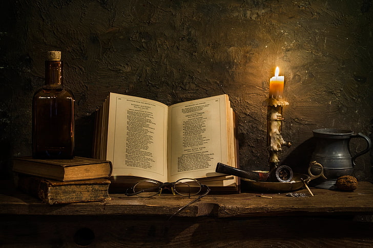 black framed eyeglasses, candle, tube, book, Poetry, old-fashioned