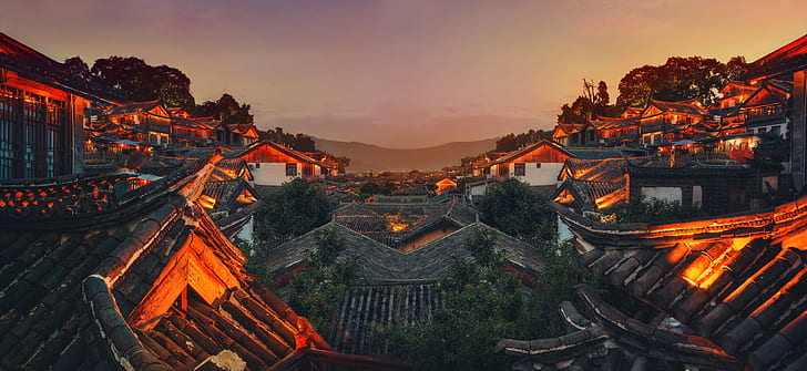 Cities, Lijiang, China, Night, Roof, Village, Yunnan
