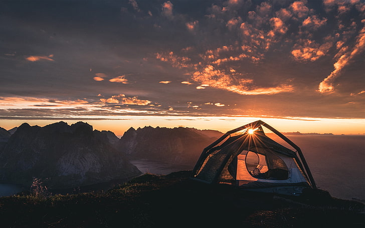 black and white dome ten, tent, camping, mountains, landscape