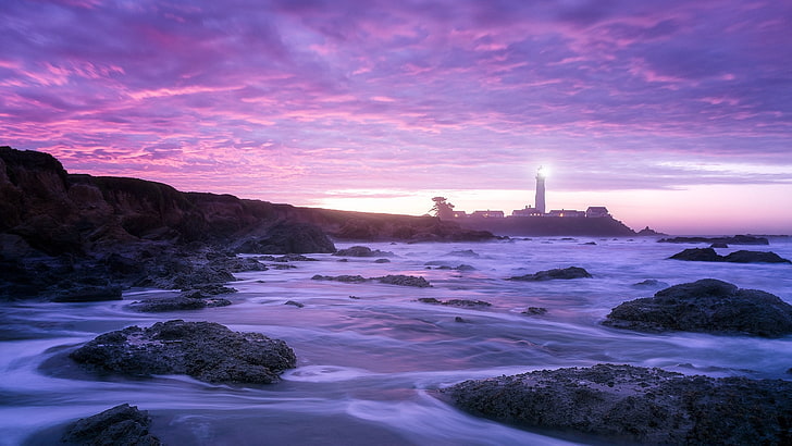 Pescadero, purple, pink, sea, lighthouse, night, rocks, clouds