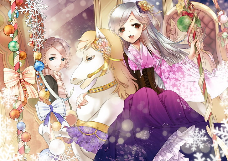 snow, winter, bell, anime girls, original characters, traditional clothing, HD wallpaper