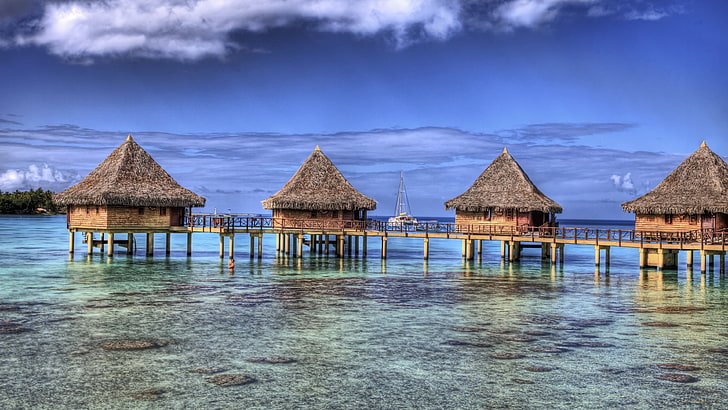 four brown house cottages, nature, landscape, resort, French Polynesia, HD wallpaper