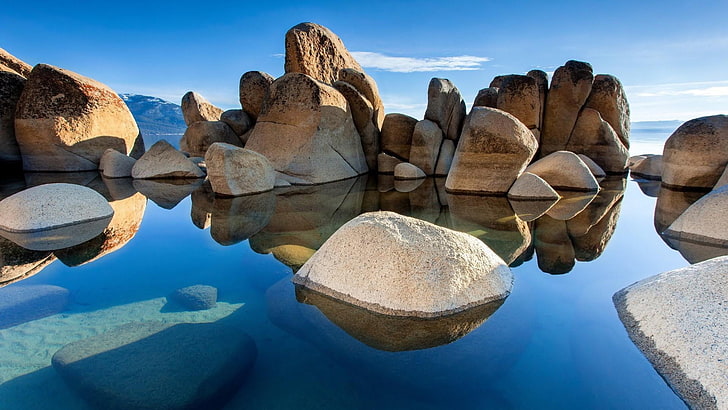 rock, reflection, water, sky, formation, geology, landscape, HD wallpaper