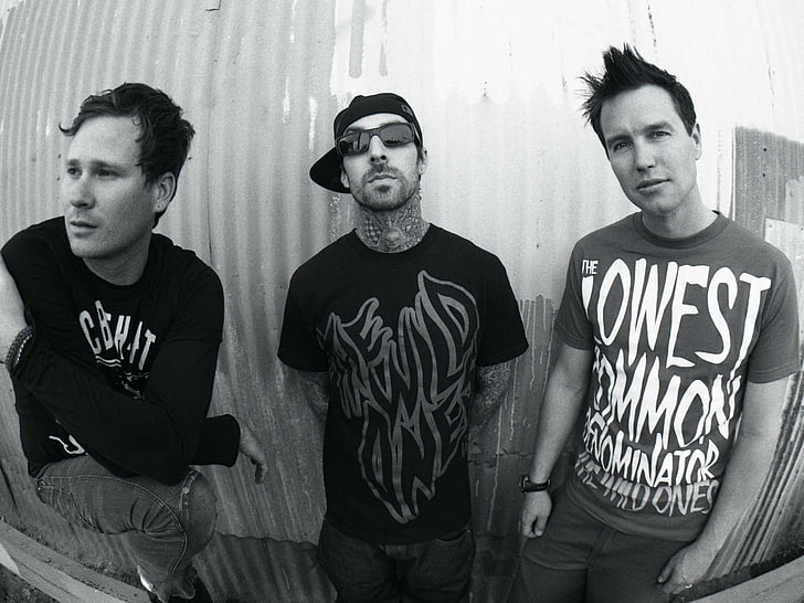 grayscale photography of band, blink-182, boys, glasses, hands