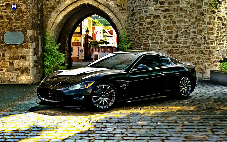 black Ferrari car, Maserati, HDR, Maserati GranTurismo, black cars, HD wallpaper