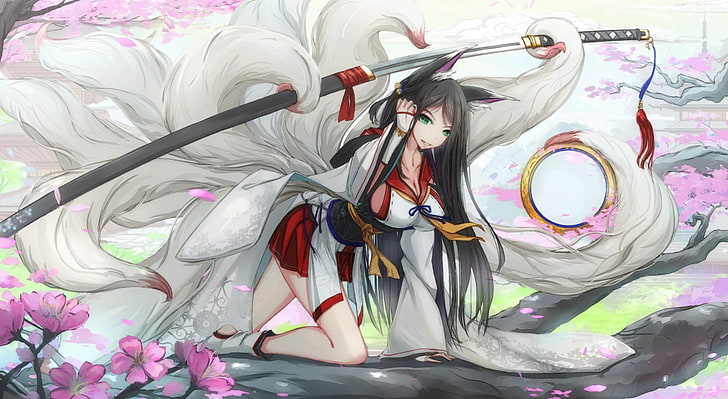 original characters, fox girl, kitsunemimi , katana, sword, HD wallpaper
