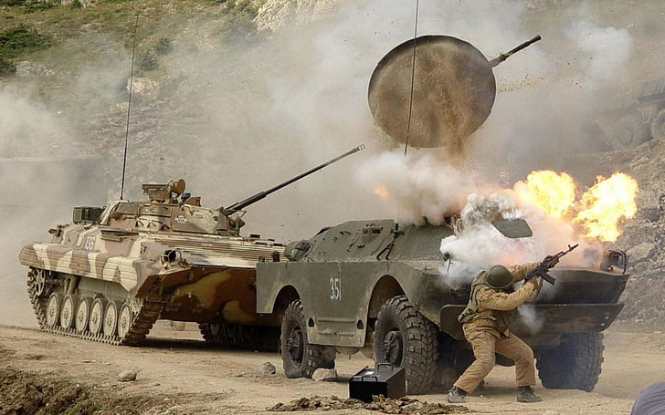 two battle tanks, war, smoke, Weapons, fire., army, military