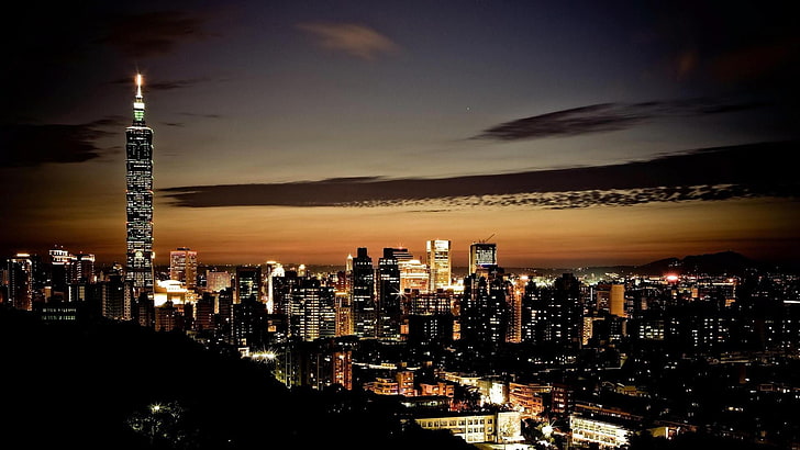 city, high rise, building, taipei 101, taiwan, night, city lights