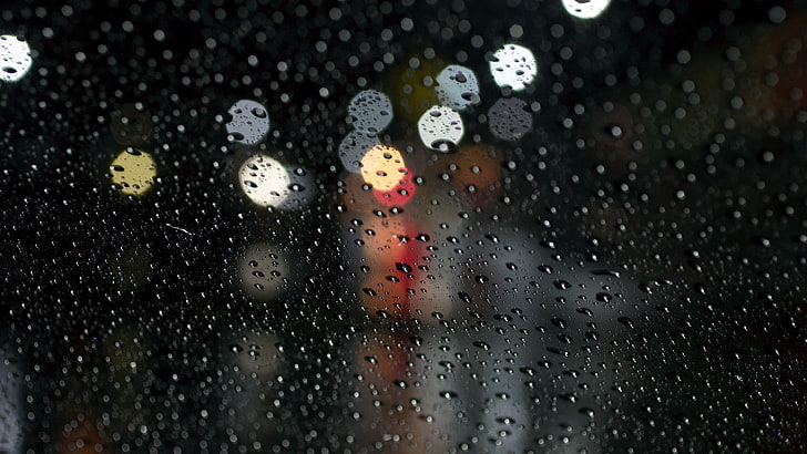 water drops, bokeh, glass, water on glass, lights, rain, raindrop, HD wallpaper