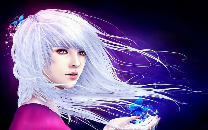 White Hair, lips, pretty, female, adorable, lovely, effects, beautiful, HD wallpaper