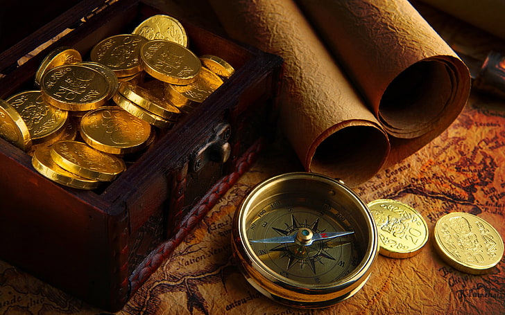 gold-colored compass, map, coins, finance, navigational compass, HD wallpaper