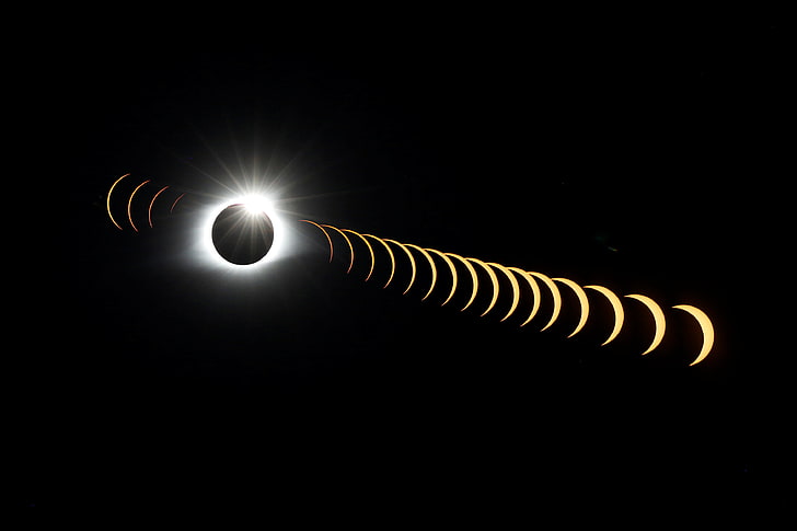 Moon, black background, sky, photography, Sun, sun rays, eclipse