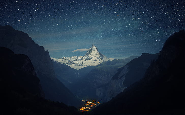 mountains, night, valley, town, Switzerland, Alps, Matterhorn