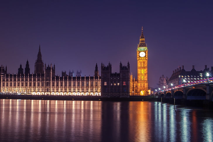 night, London, Westminster, Big Ben, lights, building exterior, HD wallpaper