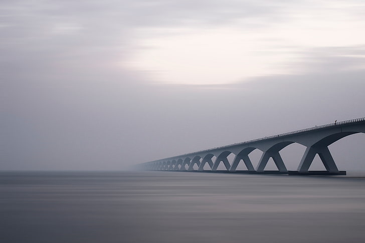 gray concrete bridge, sea, Zeelandbrug, horizon, photography, HD wallpaper