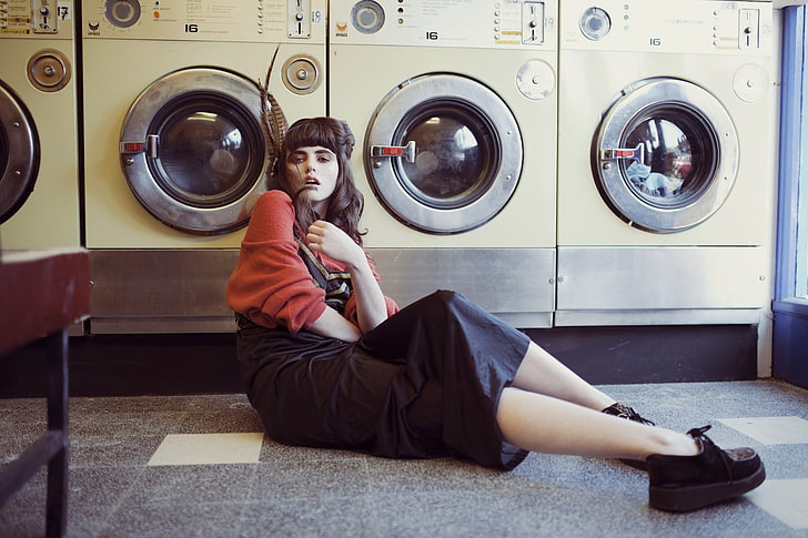 women, brunette, skirt, sweater, laundry, on the floor, Alexandra Cameron, HD wallpaper