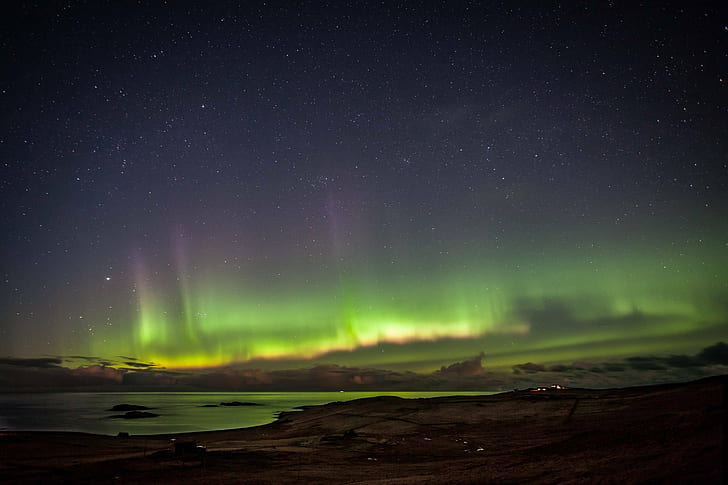 Northern Lights photo during night time, dancers, Unst, Shetland, HD wallpaper