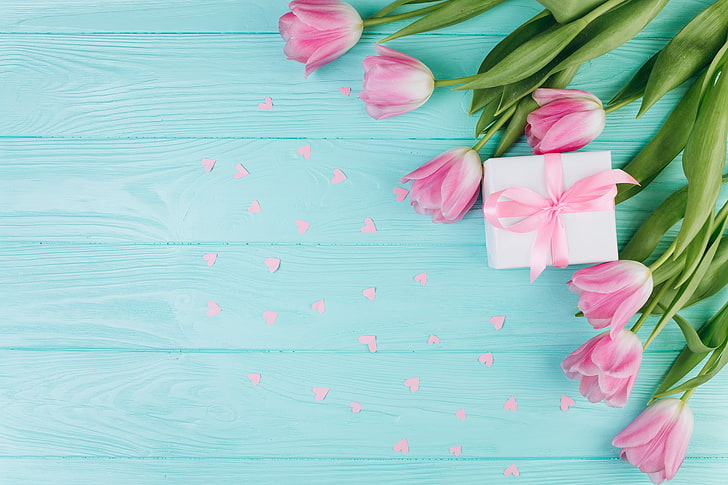 love, flowers, gift, hearts, tulips, pink, fresh, wood, beautiful, HD wallpaper