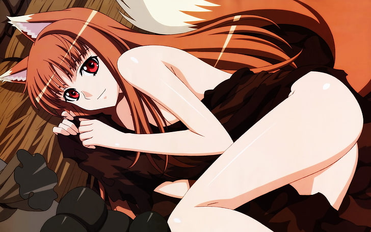 long brown hair female anime character, Spice and Wolf, Holo, HD wallpaper
