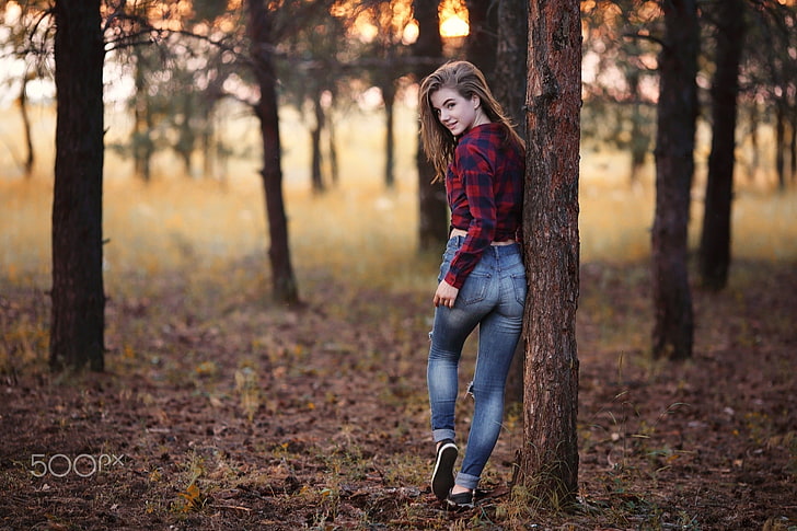 women's red and blue plaid sport shirt, blonde, trees, sneakers