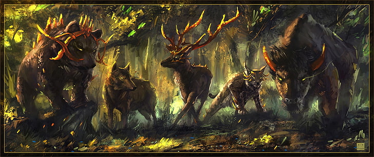 animal hunter and hunted wallpaper, fantasy art, wolf, bears, HD wallpaper