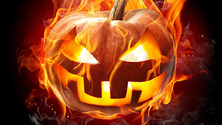 halloween, pumpkin, jack o lantern, flame, creepy, orange, burn, HD wallpaper