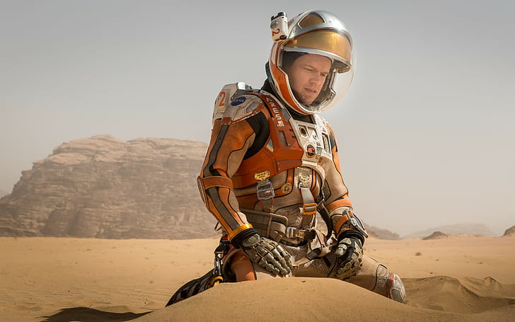 The Martian, Matt Damon, sand, desert, fiction, suit, astronaut, HD wallpaper