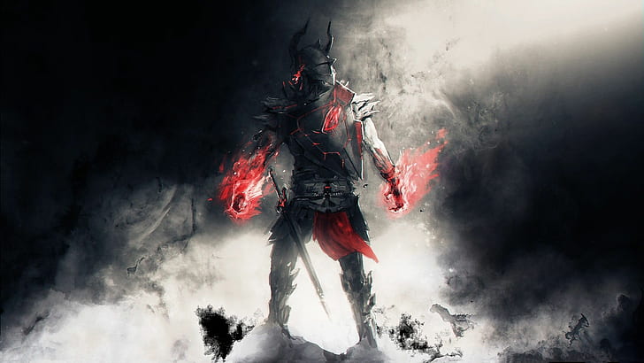 Republic of Gamers HD, samurai with flaming hands, armor, armour, HD wallpaper