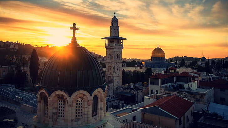 Jerusalem, sky, sunset, cross, Holy City, church, Dome of the Rock, HD wallpaper