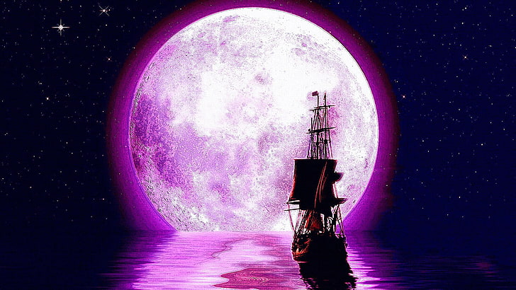 purple, moon, violet, stars, light, sky, ship, moonlight, darkness, HD wallpaper