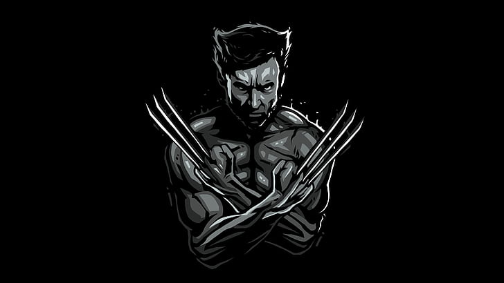 art, black and white, Wolverine, black background, Hugh Jackman, HD wallpaper