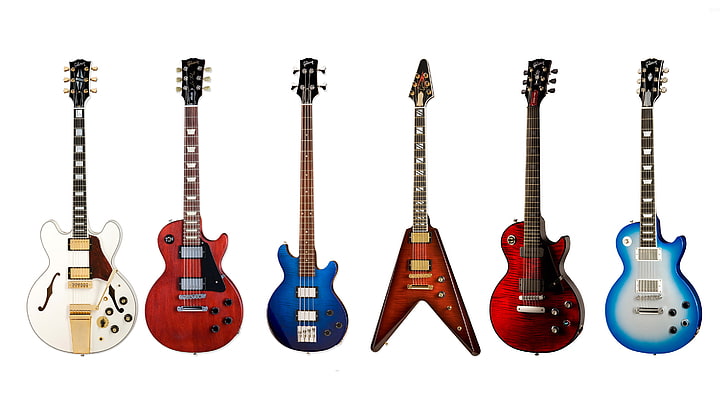 six assorted electric guitars, gibson, music, musical Instrument