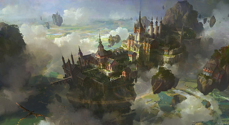 Fantasy, City, Building, Cloud, Floating Island, Landscape