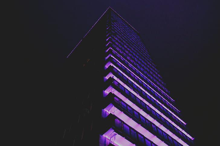 city, purple, Retro style, skyscraper, night, night sky, HD wallpaper