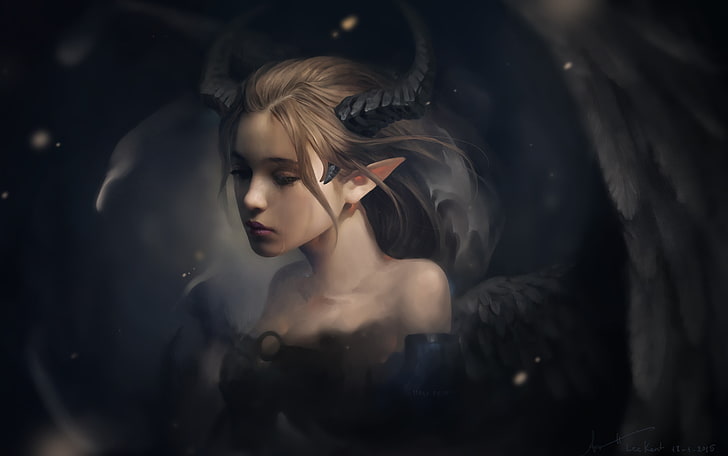winged woman digital wallpaper, pointed ears, horns, wings, children