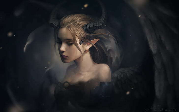 wings, pointed ears, horns, children, tiefling
