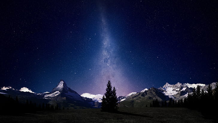 starry night, galaxy, space, trees, forest, Swiss Alps, stars, HD wallpaper