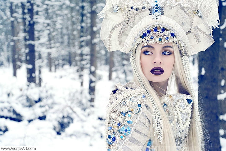 Winter Queen, women's white beige and teal paisley dress, model, HD wallpaper
