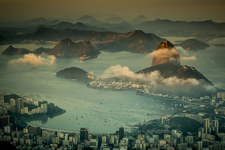 sea, mountains, coast, panorama, Brazil, megapolis, Rio de Janeiro, HD wallpaper