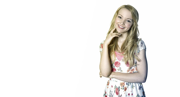 women's white and red floral dress, smile, Dove Cameron, young American actress and singer