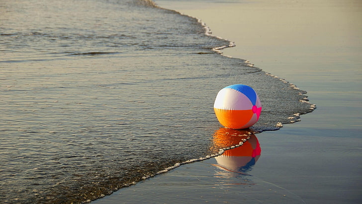 red and white ball decor, sea, waves, beach, colorful, orange