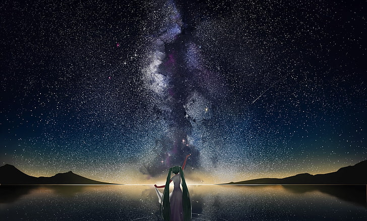 Hatsune Miku illustration, space, mountains, horizon, stars, shooting stars