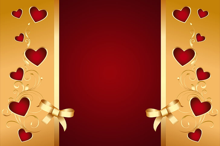 brown ribbon illustration, background, hearts, red, golden, love, HD wallpaper