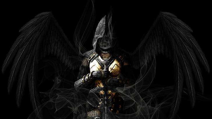 sword, armor, wings, archangel, dark, HD wallpaper