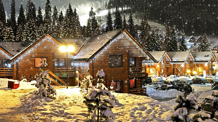 snow, winter, home, hut, tree, log cabin, house, wood, christmas, HD wallpaper