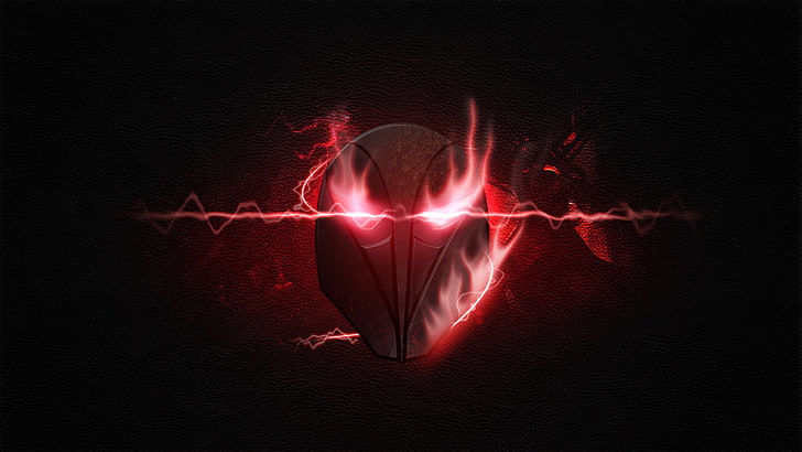 gray helmet with fire logo, Riot Games, League of Legends, red